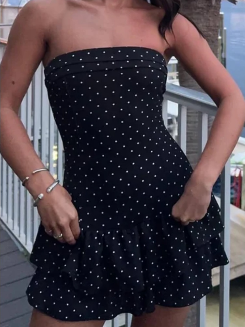 Windsor Black Polka Dot Strapless Ruffle Hem Romper